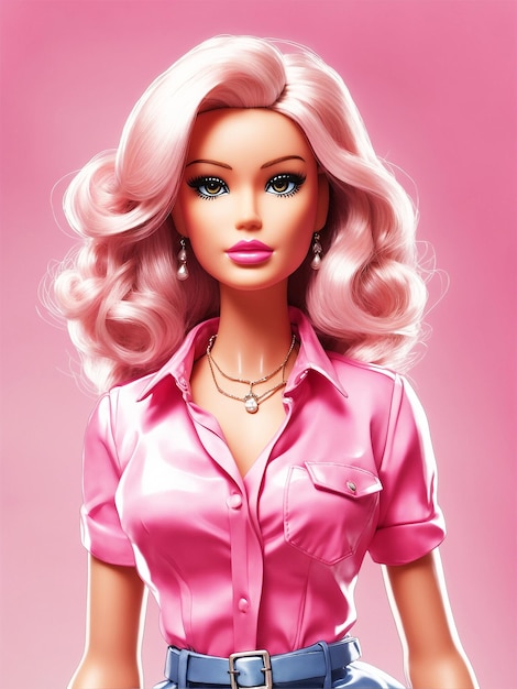 Foto una bellissima bambola barbie con maglietta rosa
