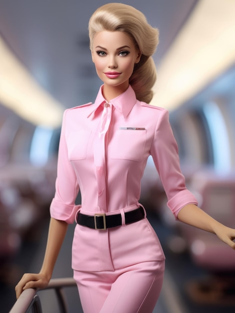 Beautiful barbie girl stewardess in pink style