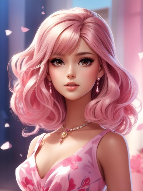 A beautiful barbie girl with hairstyle trendy style with pink dress