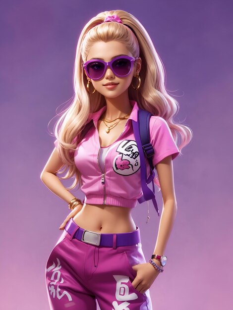 A beautiful barbie girl with sunglass ponytail hair trendy fashionable style with pink dress