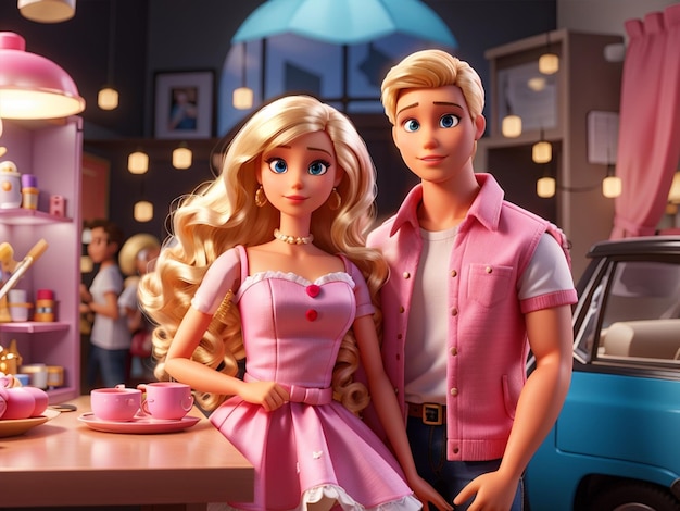 Foto bellissima barbie e bellissima bambola ken in rosa