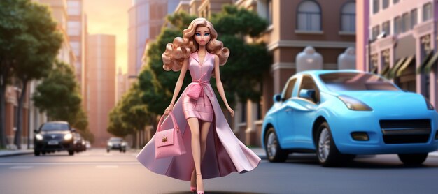 Beautiful barbie in trendy dress holding shopping bags walking