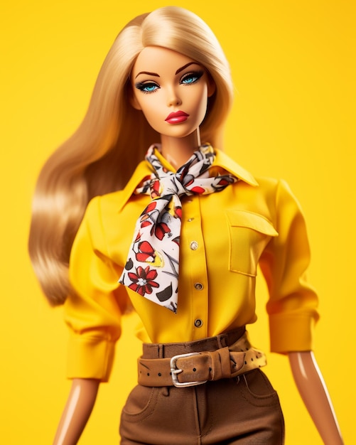 Beautiful barbie wearing trendy yellow outfit on yellow background