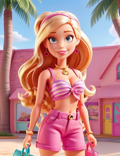 Beautiful barbie with pink summer trendy outfit generative AI