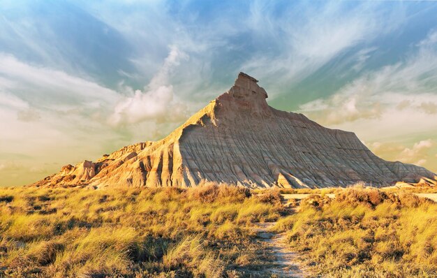 Beautiful Bardenas Kastildeterra in the desert at sunset Spain