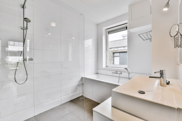 Beautiful bathroom with a big bathtub and marble walls