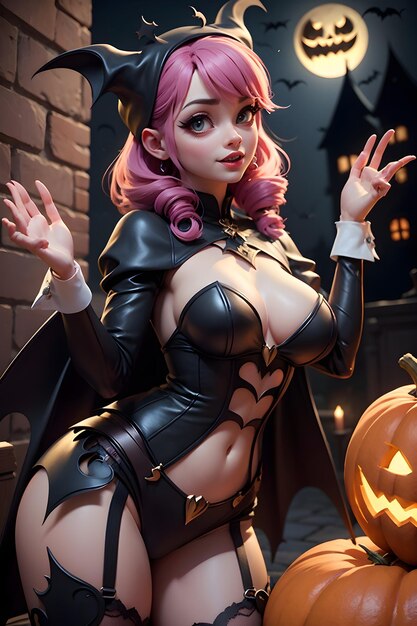 Beautiful batwoman with pumpkin Halloween