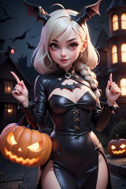 Beautiful batwoman with pumpkin Halloween