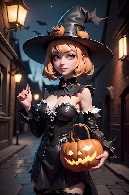 Beautiful batwoman with pumpkin Halloween