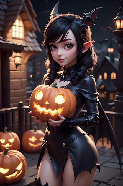 Beautiful batwoman with pumpkin Halloween