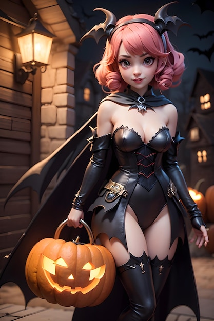 Beautiful batwoman with pumpkin Halloween