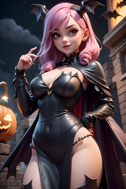 Beautiful batwoman with pumpkin Halloween