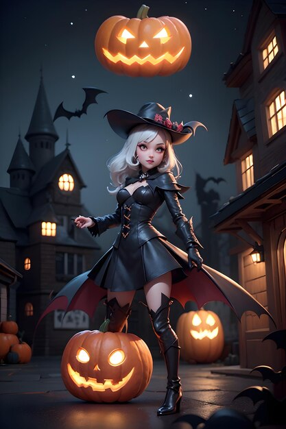 Beautiful batwoman with pumpkin halloween