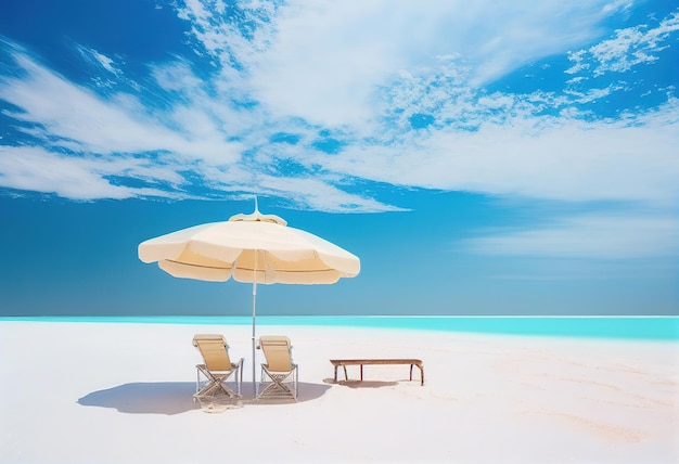 Beautiful beach banner White sand chairs and umbrella illustration AI generative