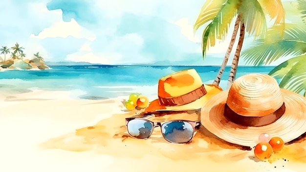 Beautiful beach banner White sand chairs and umbrella travel background watercolour