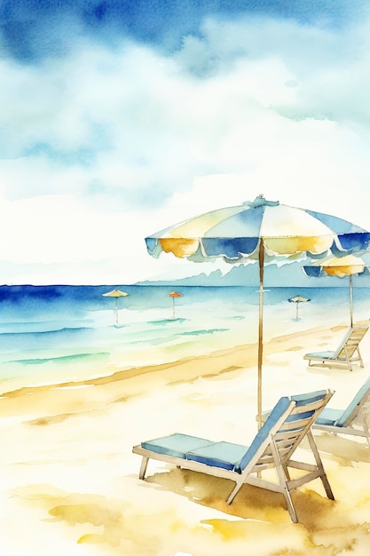 Красивый пляжный баннер Белые песчаные стулья и зонтик путешествия туризм широкая панорама фон концепция Удивительный пляж акварельный пейзаж акварельная живопись генерировать ai