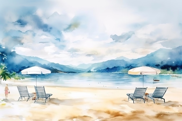 Beautiful beach banner White sand chairs and umbrella travel tourism wide panorama background concept Amazing beach watercolor landscape watercolor painting generate ai