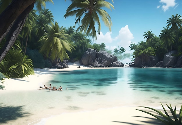 Красивый пляжный стул и летние каникулы с пальмами и морем