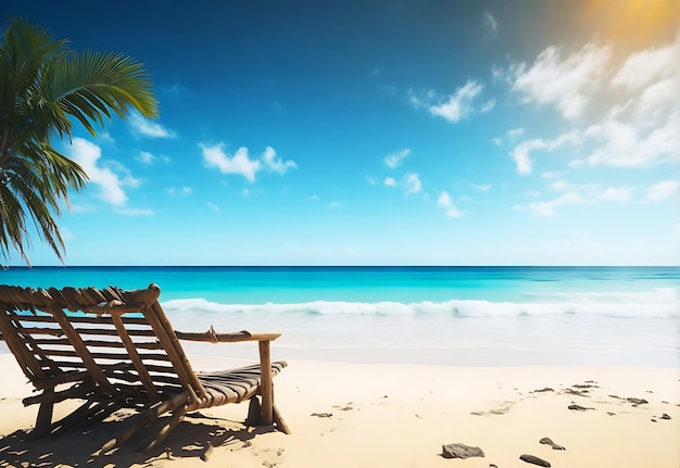 Красивый пляжный стул и летние каникулы с пальмами и морем