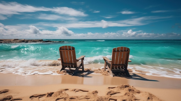 Beautiful beach Chairs on the sandy beach near the sea Summer holiday and vacation concept for tou