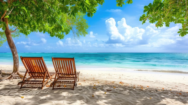 Beautiful beach Chairs on the sandy beach near the sea Summer holiday and vacation concept for tourism Inspirational tropical landscape