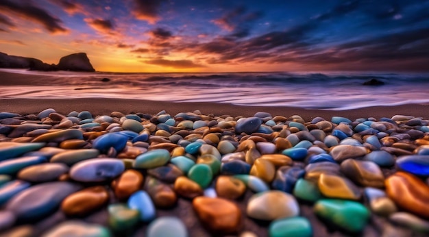 Красивые цветные камни на пляже с волнами ночью фосфорные камни