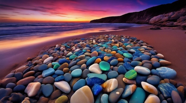 Красивые цветные камни на пляже с волнами ночью фосфорные камни