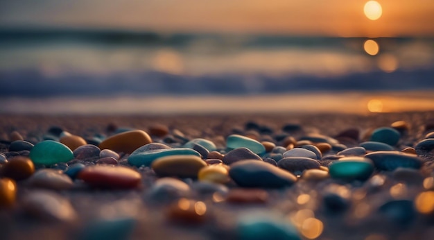 Photo beautiful beach colored stones in the beach side with waves at the night phosphorus stones