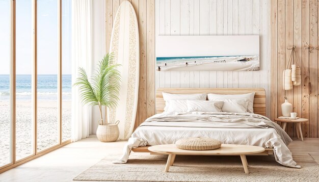 Foto bellissima camera da letto della casa sulla spiaggia con palma da surf e grande immagine panoramica della spiaggia