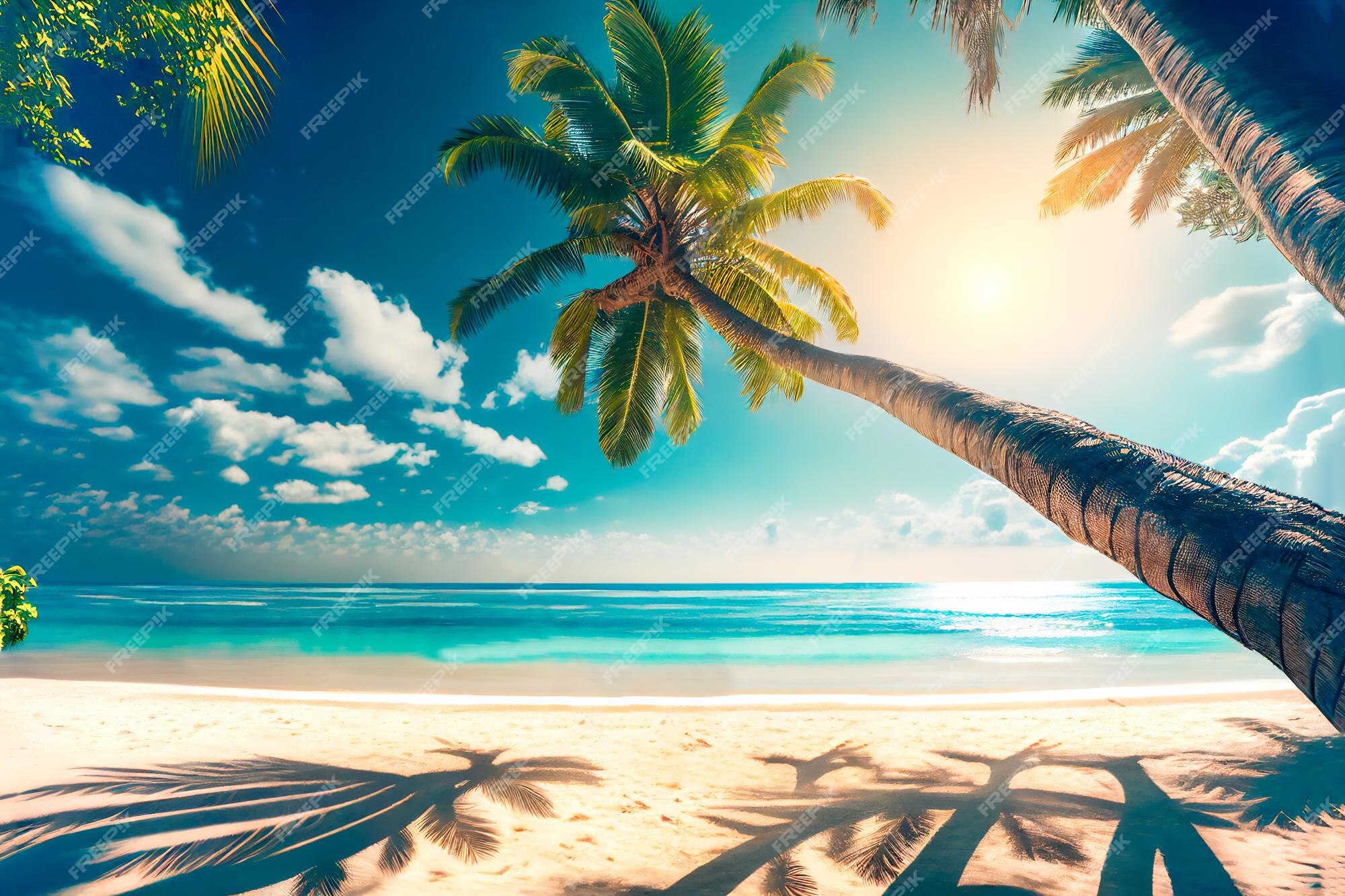 Wallpaper HD Beautiful Sandy Beach Sea View Beach Coconut Trees 3D