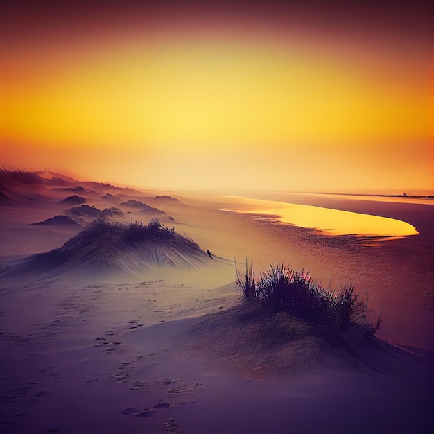 Фото Красивый пляжный пейзаж на закате или восходе солнца генеративный ии