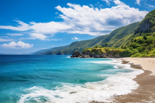 Photo beautiful beach landscape with blue sea and green mountains