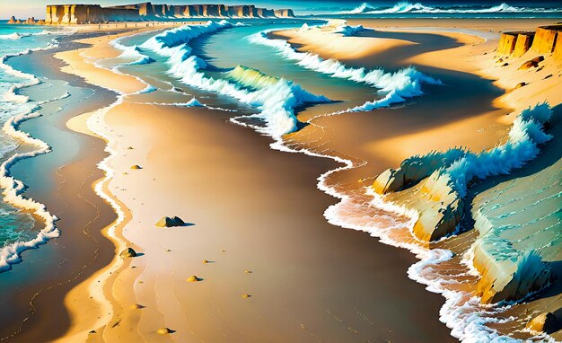 Beautiful beach landscape with sand with blue ocean waves coastline High Quality Generative AI Post processed