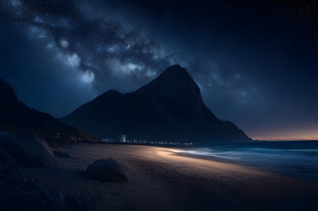 A beautiful beach at night with lights on the beach and a blue sky with clouds