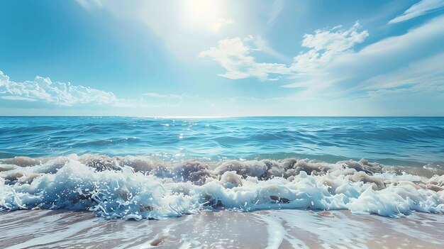  모래와 파란 물의 아름다운 해변 풍경 태양은 밝게 빛나고 하늘에는  구름이 있습니다.