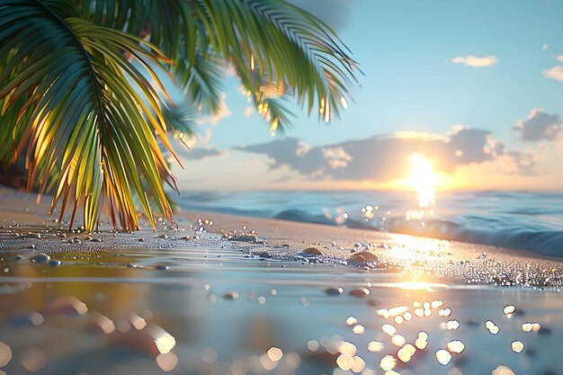 Photo beautiful beach sea and ocean with coconut tree at sunrise time for happy summer card design