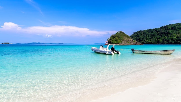 Beautiful beach view Koh Chang island seascape at Trad province Eastern of Thailand on blue sky background Sea island of Thailand landscape