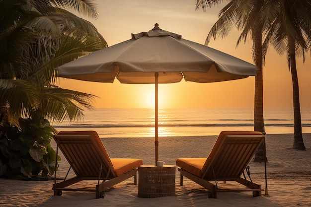 Beautiful Beach View with Gazebo and Lounge Chairs Relaxing Vacation Place at Sunset