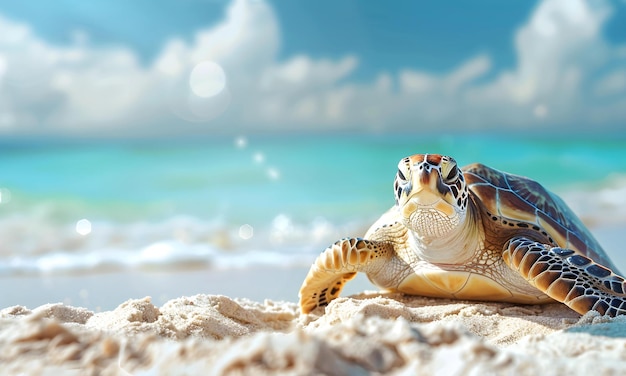 A beautiful beach white sand beach and turquoise water with a turtle