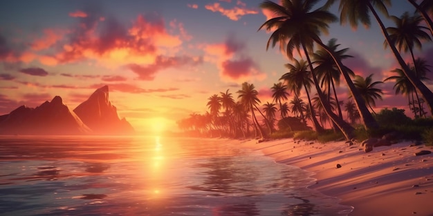 Beautiful beach with coconut trees at sunset with copy space Generative ai