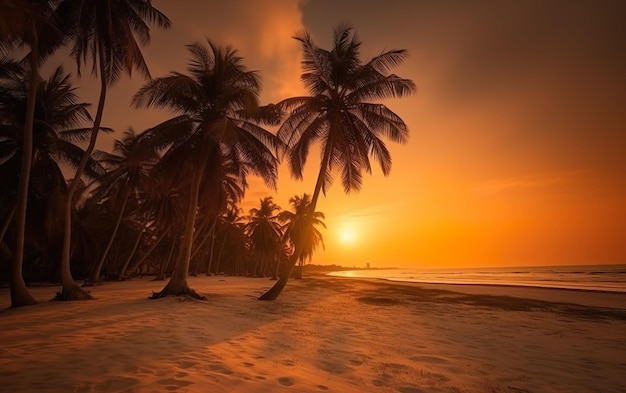 Красивый пляж с кокосовыми пальмами на закате AI Генеративный AI