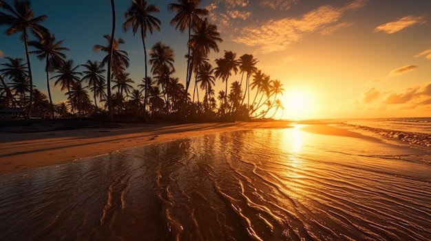 Beautiful beach with coconuts trees at sunset Generative Ai