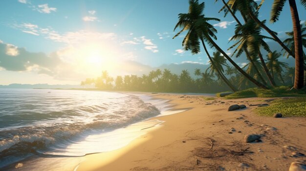 A beautiful beach with coconuts trees at sunset generative ai