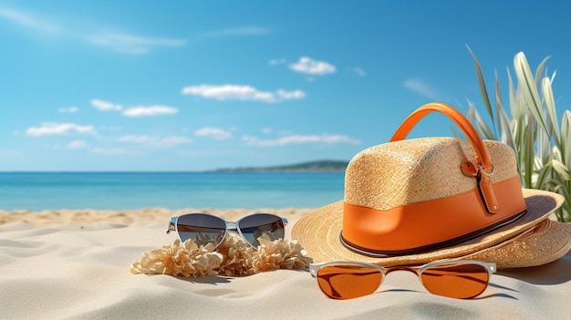 Beautiful beach with glasses and hat on the beach