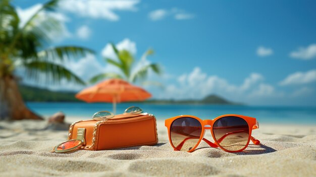 Beautiful beach with glasses and hat on the beach