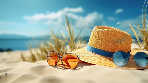 Beautiful beach with glasses and hat on the beach