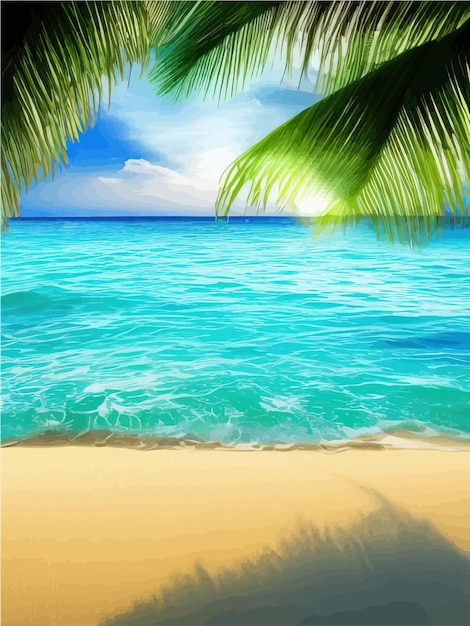 Красивый пляж с пальмами возле океана с золотым песком в солнечный день летний тропический пейзаж