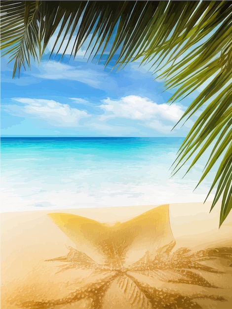 Красивый пляж с пальмами возле океана с золотым песком в солнечный день летний тропический пейзаж