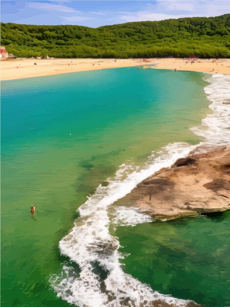 Beautiful beach with palm trees near ocean with golden sand on a sunny day summer tropical landscap