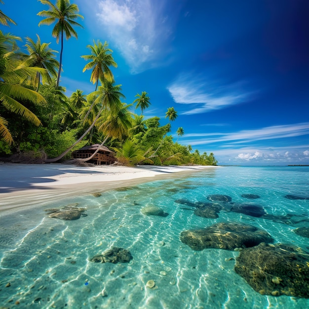자메이카 섬의 야자수와 청록색 바다가 있는 아름다운 해변